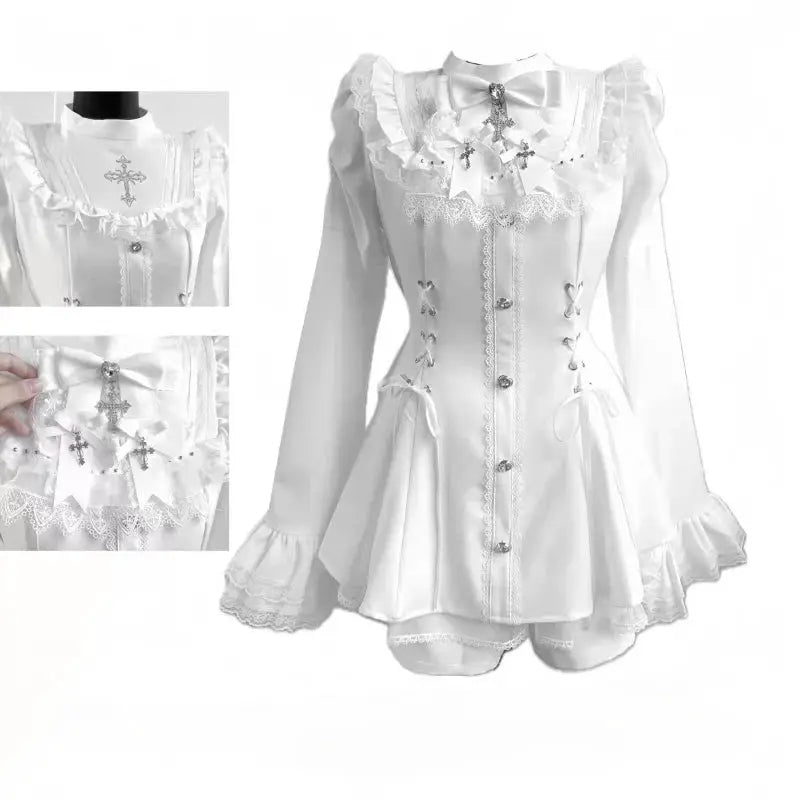 Y2K Lolita Bow Dress Shorts Set Gothic Lace Flare Sleeve Shirt Dress