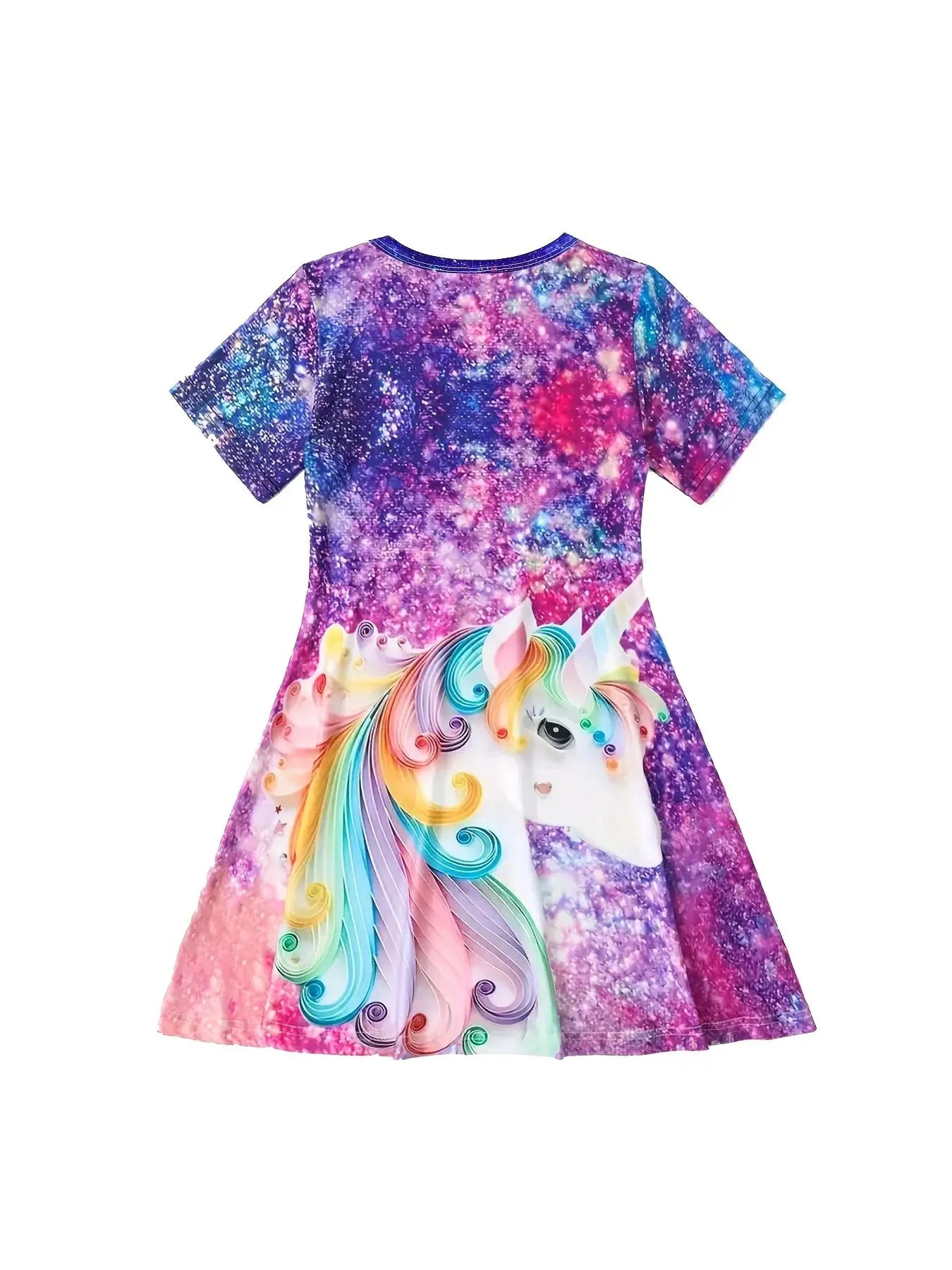 Girls Starry Unicorn Digital Print Round Neck Short Sleeve Party Casual Dress Ages Four To Six