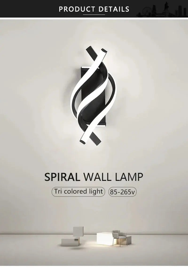 Curved spiral LED wall lamp by Simples Market; black frame with white illuminated spirals