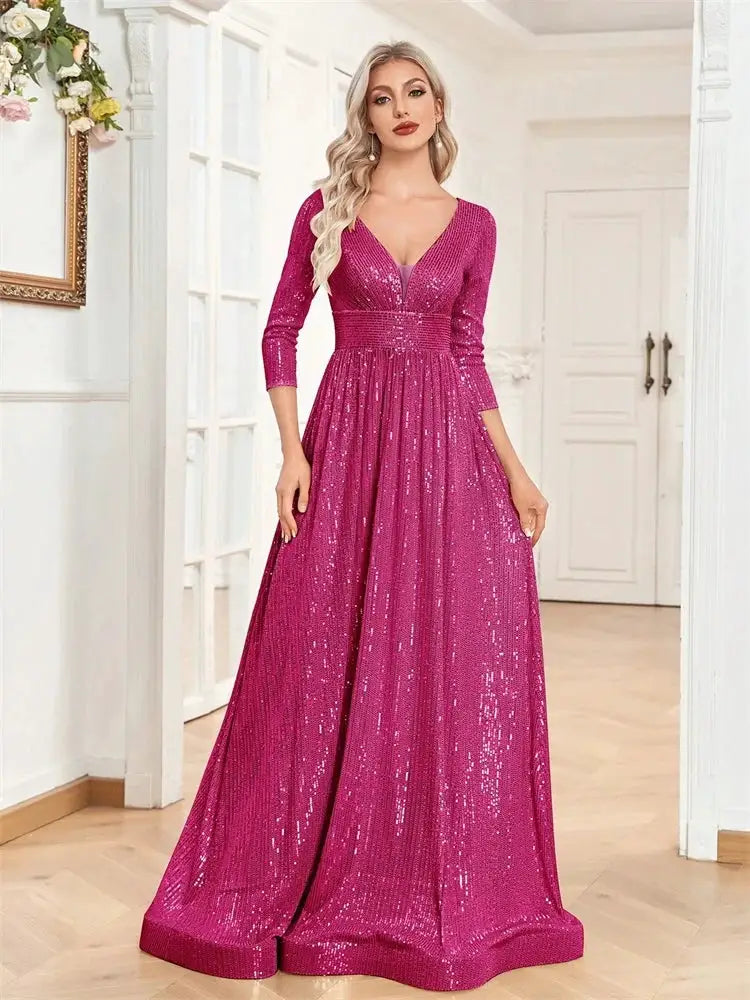 Luxury V Neck Long Sleeve Blue Sequins Formal Evening Dress Women Maxi