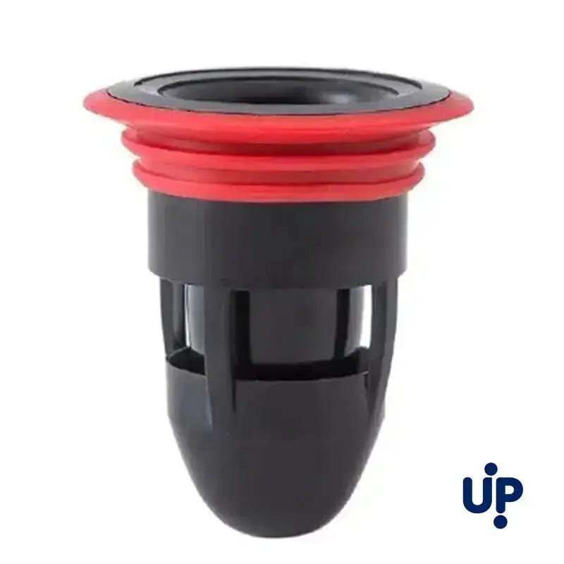 Floor drain bullet anti-odor core with red O-ring seals, black plastic body; Simples Market