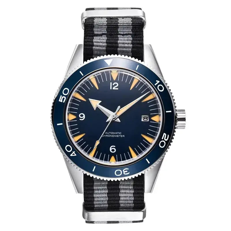 Simples Market 41mm diver watch with blue dial, sapphire glass, 100m water resistant, nylon strap