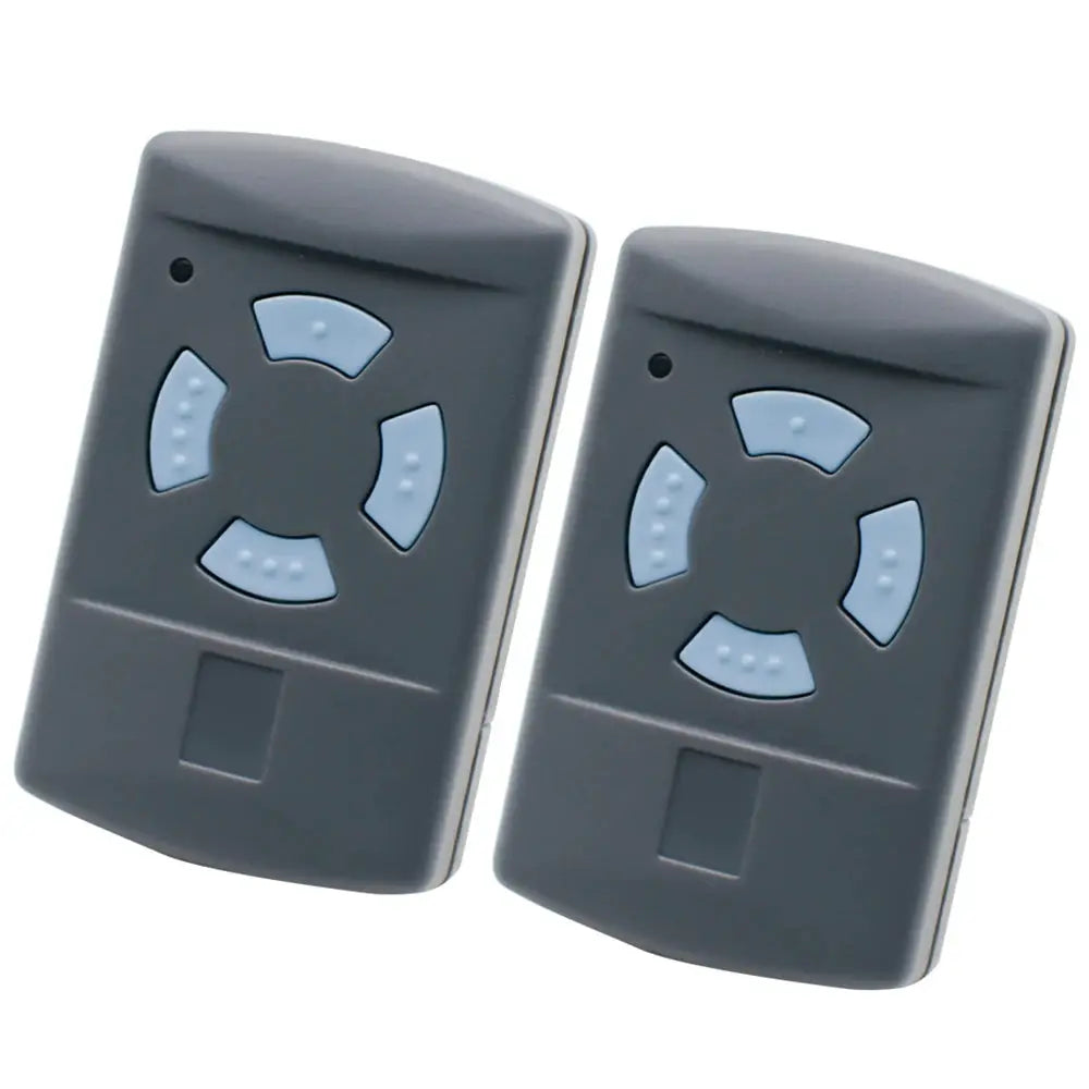 Two gray Simples Market garage door remotes (HSM4/HSM2) 868MHz key fobs