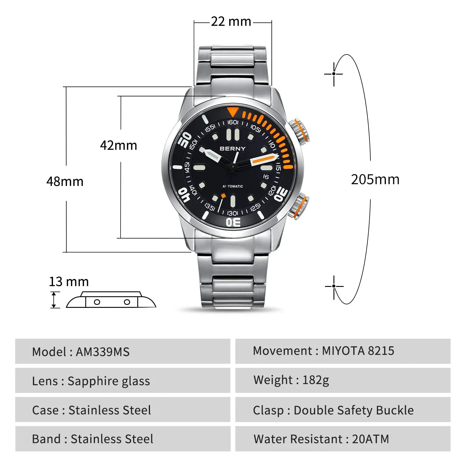 BERNY men's automatic dive watch, sapphire glass, stainless steel case and band, black dial with orange accents, 20ATM