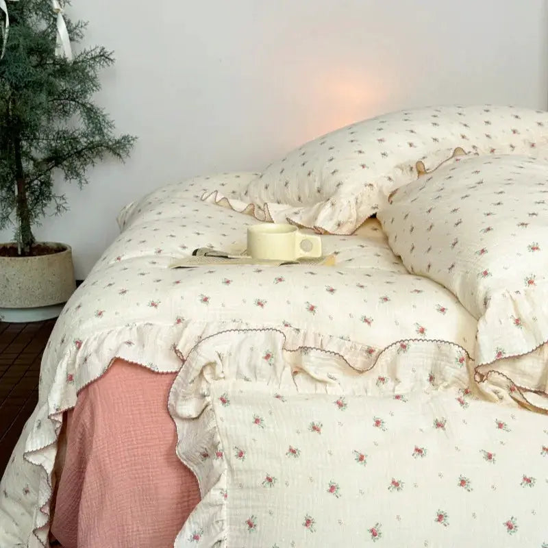 Simples Market INS Princess 3pc floral gauze bedding set with ruffle edges in cream/white and pink accents