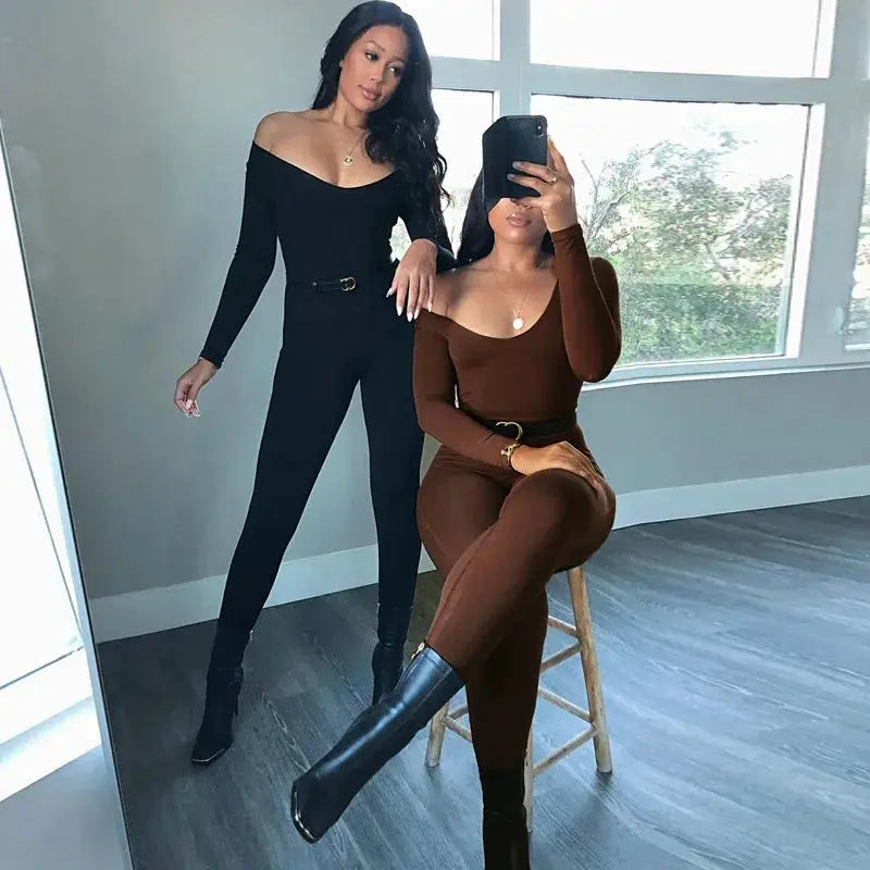 Simples Market women's long sleeve skinny jumpsuit in black and brown, off-shoulder neckline, two outfits shown