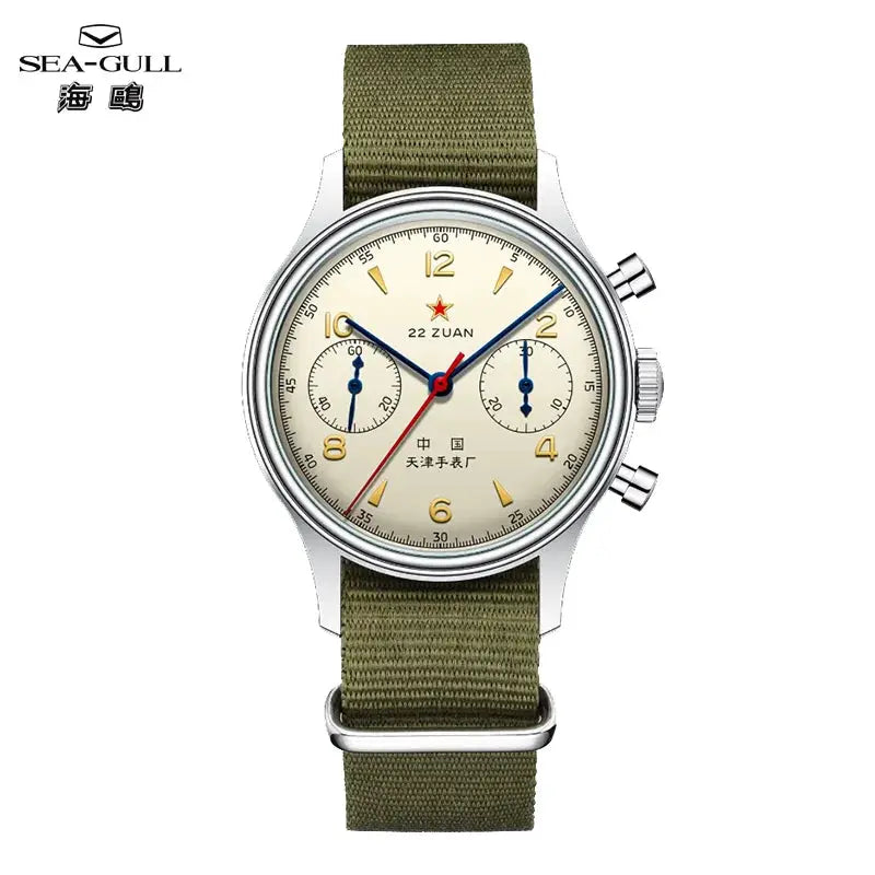 Sea-Gull 1963 chronograph watch with olive-green canvas strap and cream dial.