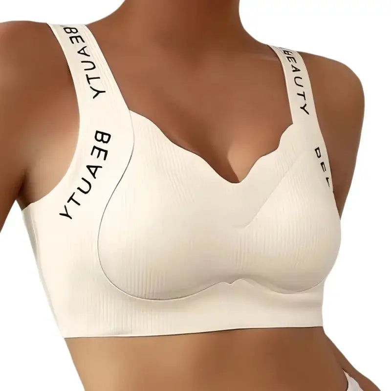 Simples Market ribbed wireless push-up bra in ivory, seamless with wave neckline and wide straps, plus size M-3XL