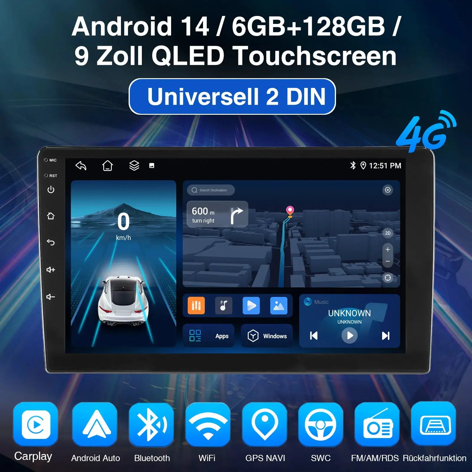 Car stereo head unit with 9-inch QLED touchscreen, Android Auto/CarPlay, universal 2-DIN