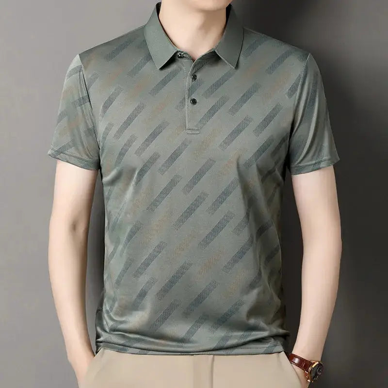 Men's polo shirt, short sleeve, diagonal striped print in olive-green tones