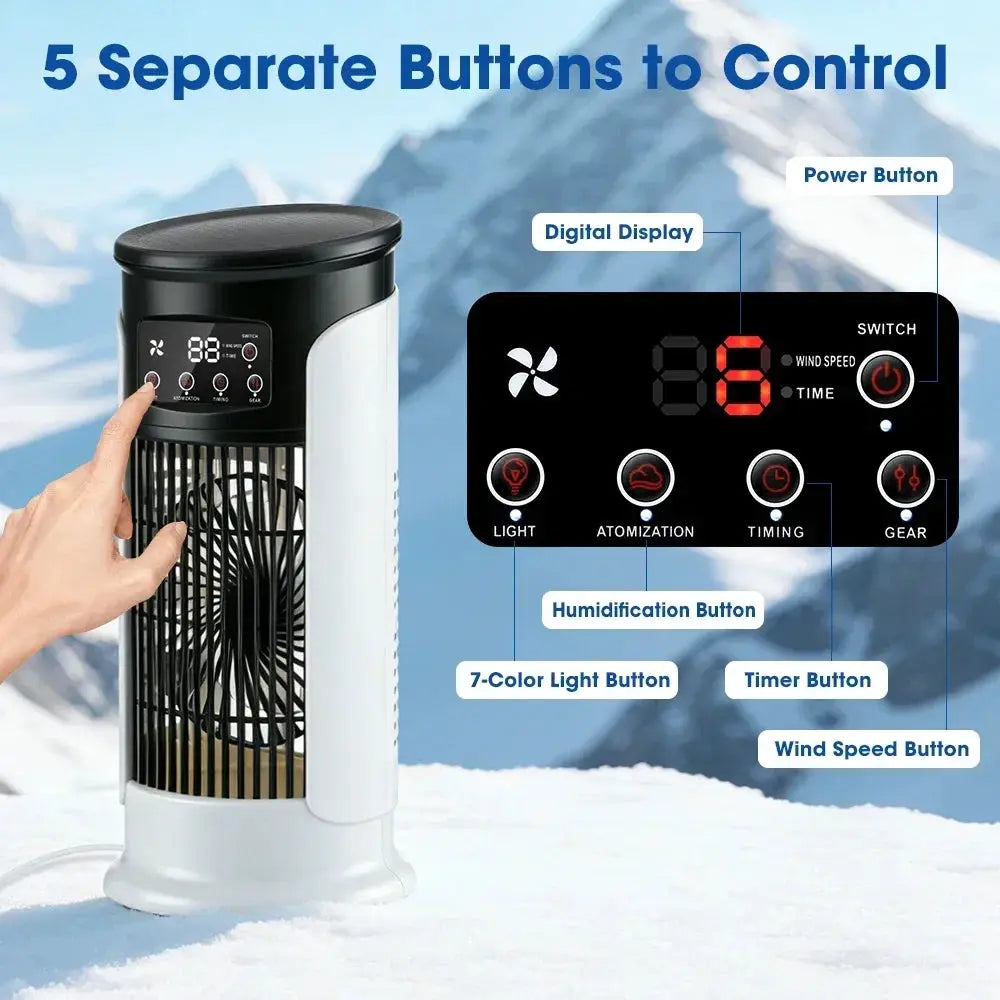 Simples Market portable air conditioner fan with misting humidifier, USB desktop cooler, 6 speeds, LED display, timer
