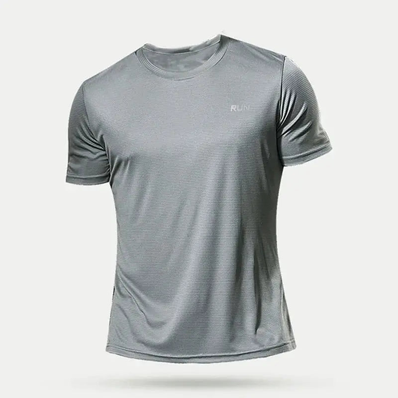 Running T-shirt, gray quick-dry athletic top with RUN logo, men's sportswear