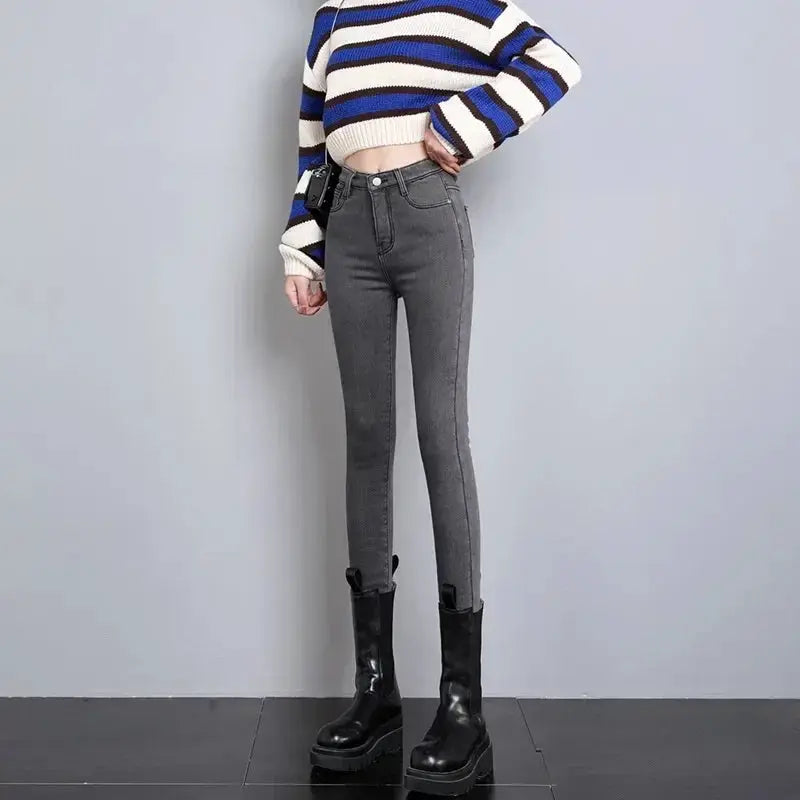 Women Thermal Skinny Jeans With Plush Lining Warm Winter Denim Pants