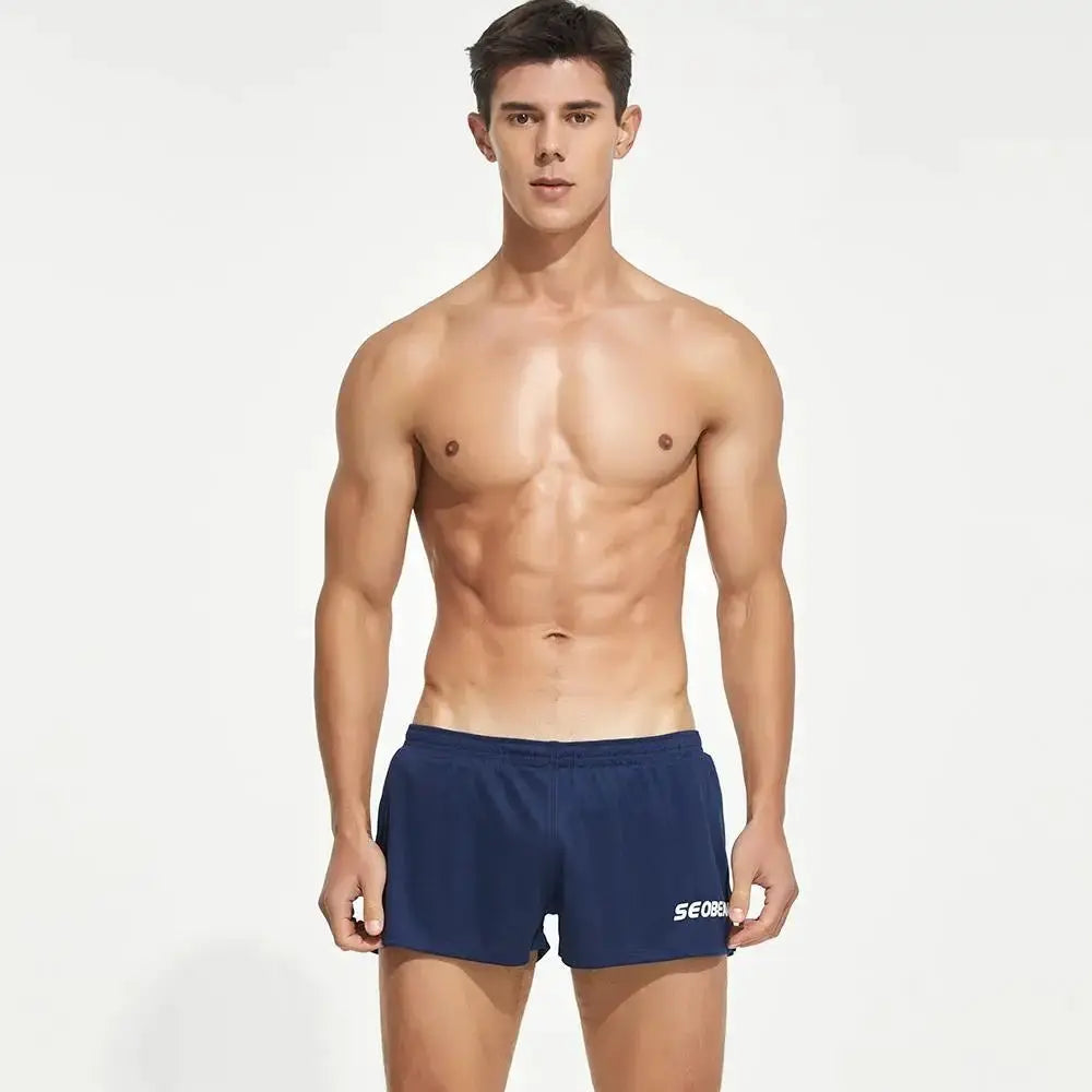 Men's quick-drying navy shorts with SEOBEAN logo, breathable loose-fit gym and beachwear