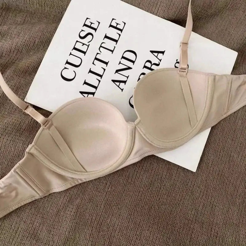Seamless beige half-cup non-wire bra with 2-hook back closure