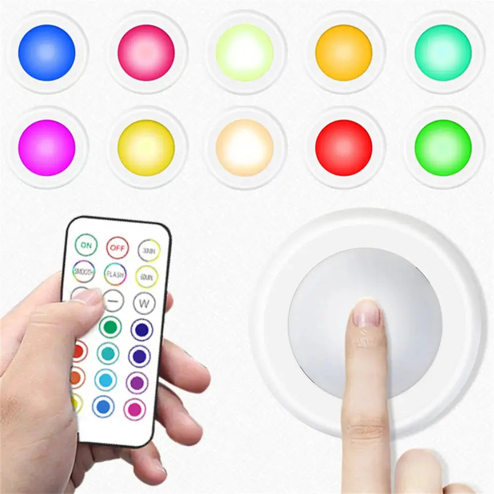RGB color under-cabinet wireless battery-powered LED lights by Simples Market with remote; 10 lights in different colors