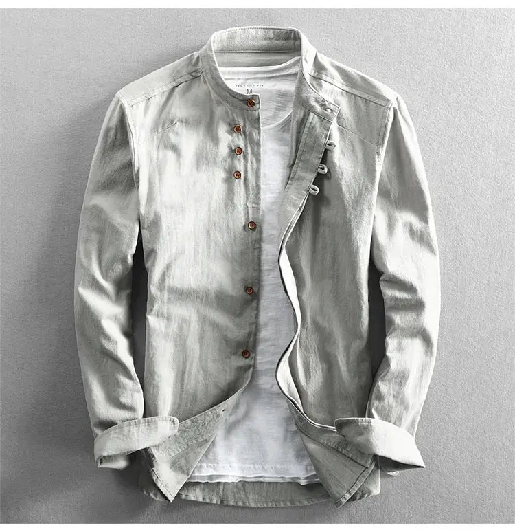 Japan style men's linen-cotton shirt in light gray with stand collar and long sleeves, slim fit