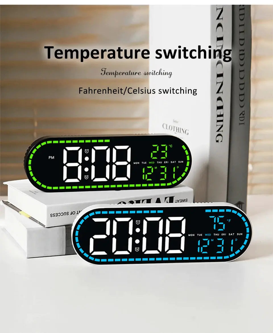 Two Simples Market digital LED wall clocks with two alarms, temperature and date display (green and blue)