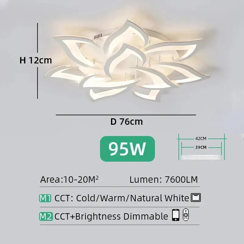 Nordic flower LED ceiling pendant lamp, white petal chandelier, 76cm diameter, 12cm height, 95W