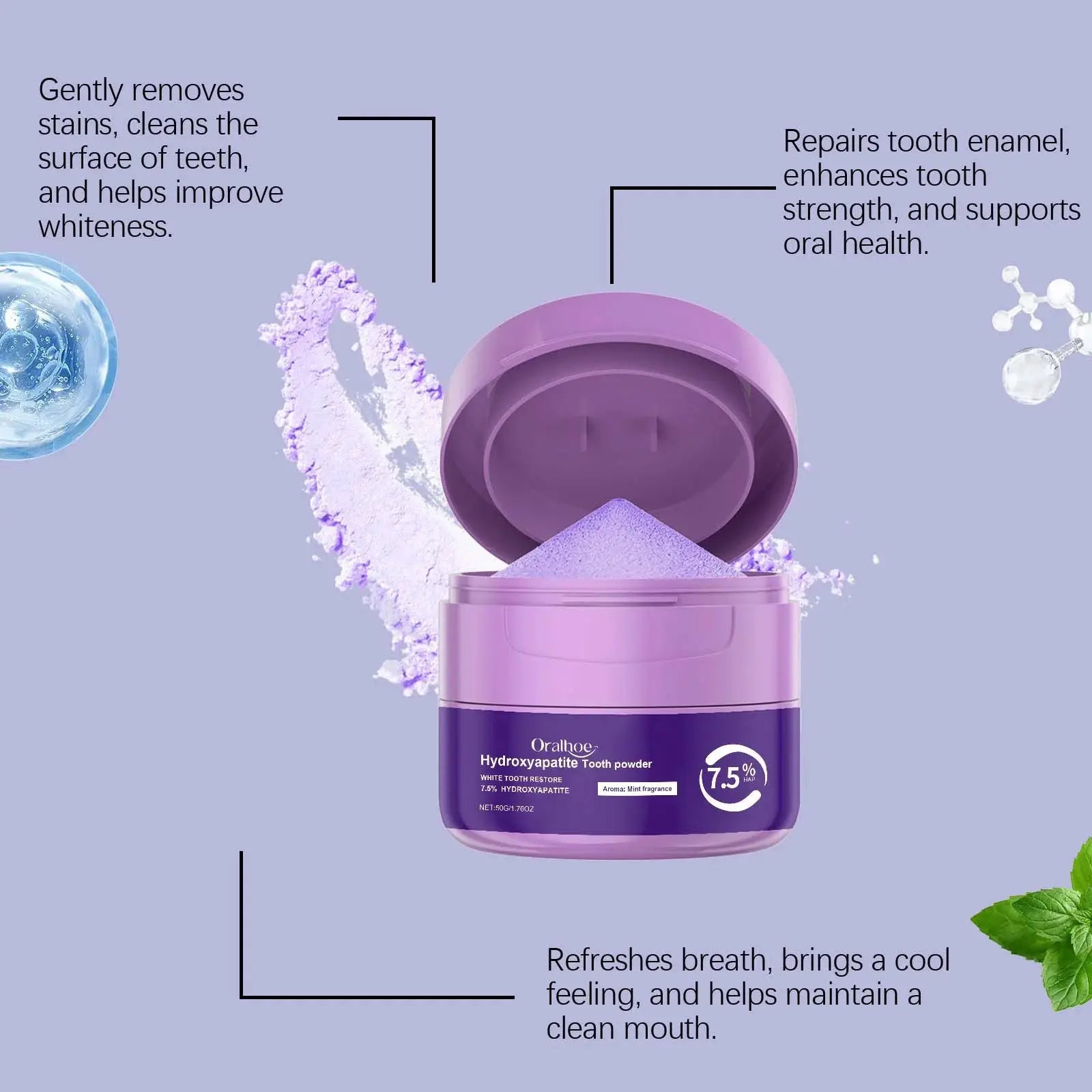 Simples Market hydroxyapatite tooth powder in a purple jar, open with powder