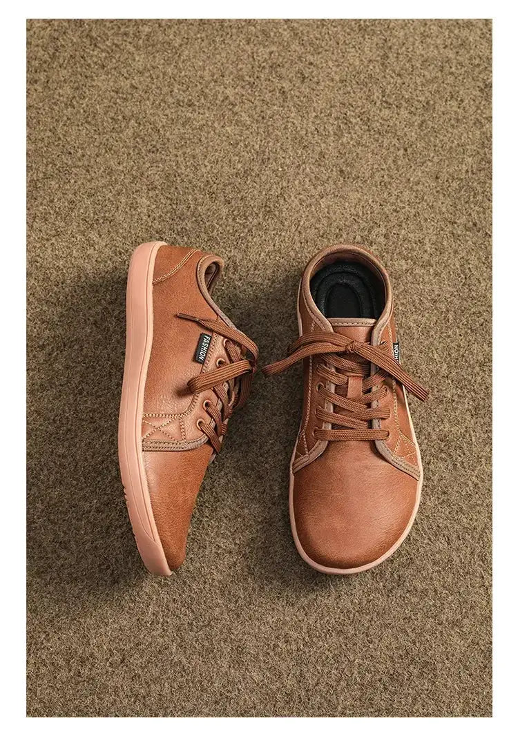 Brown wide-version barefoot walking shoes, pink soft sole, casual lace-up sneakers, 2 shoes shown
