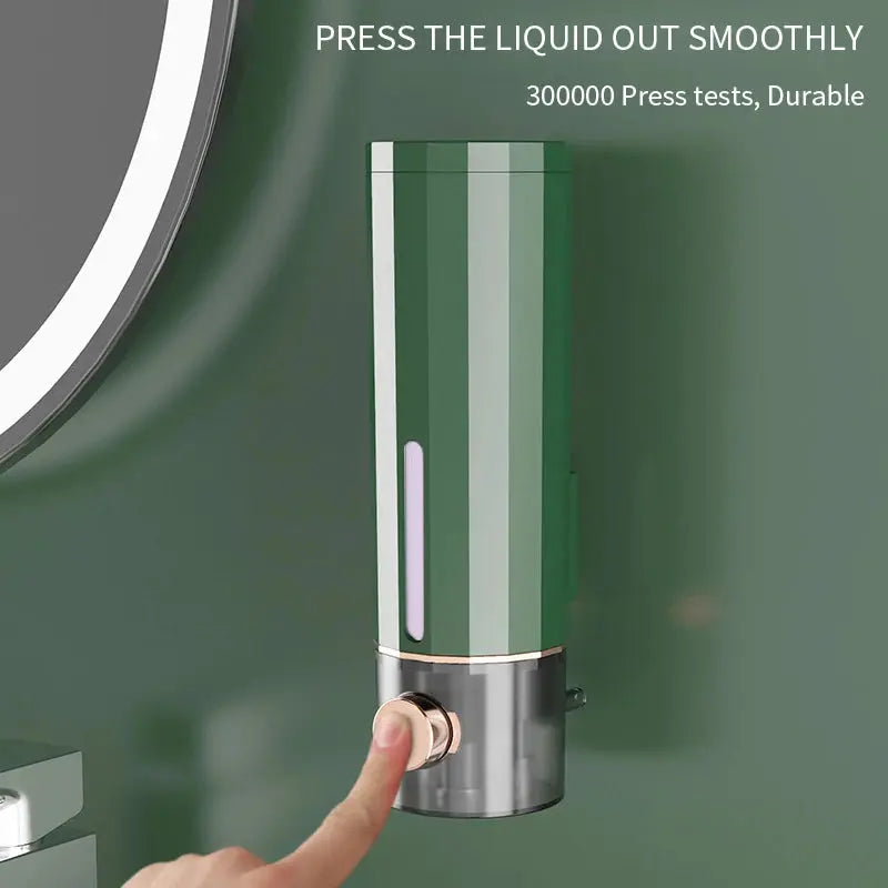 Manual wall-mounted bathroom soap dispenser, green with rose-gold push button
