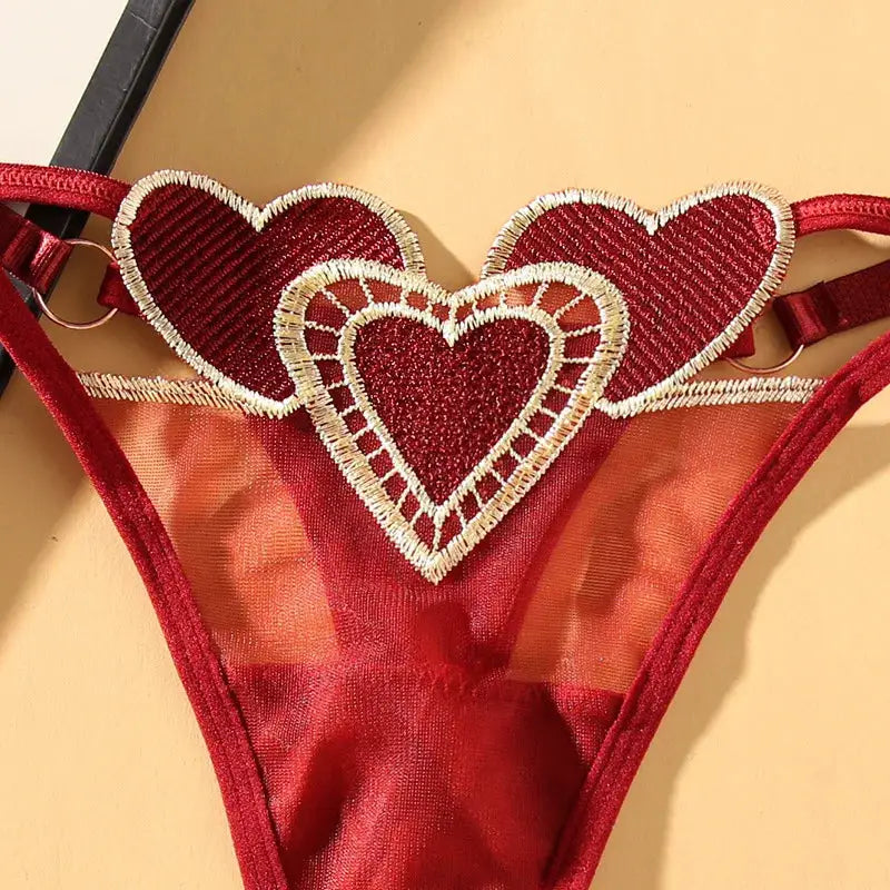 Women's red thong underwear with heart embroidery, breathable mesh, low-waist design