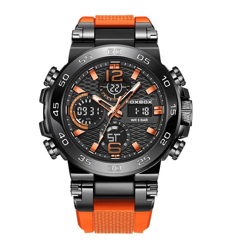 LIGE electronic men's wristwatch with orange strap and black metal case, analog-digital LED display