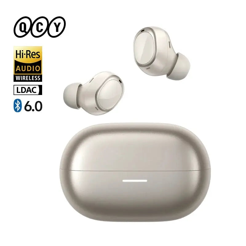 QCY MeloBuds A30 wireless earbuds with charging case in champagne gold, LDAC Hi-Res audio, Bluetooth 6.0