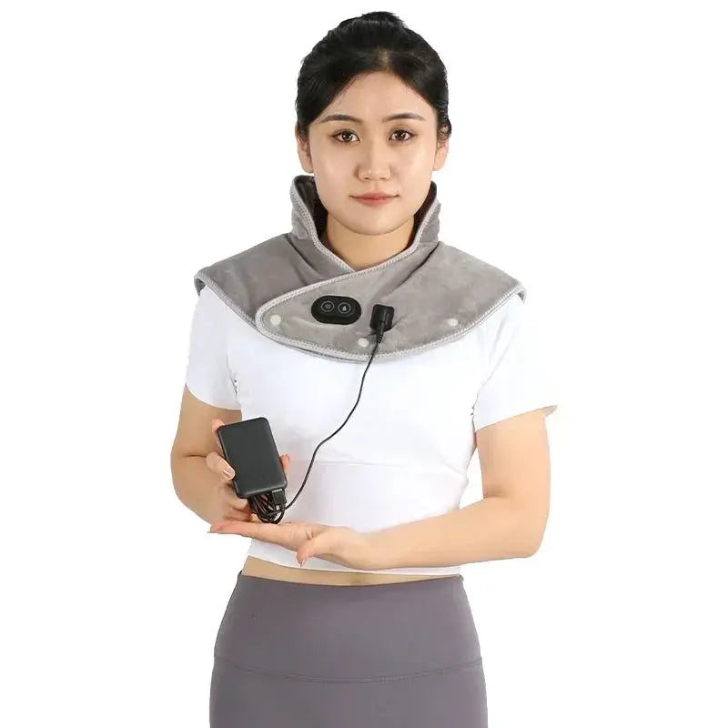 Electric heating shoulder neck pad cervical wrap gray with front control panel and wired remote