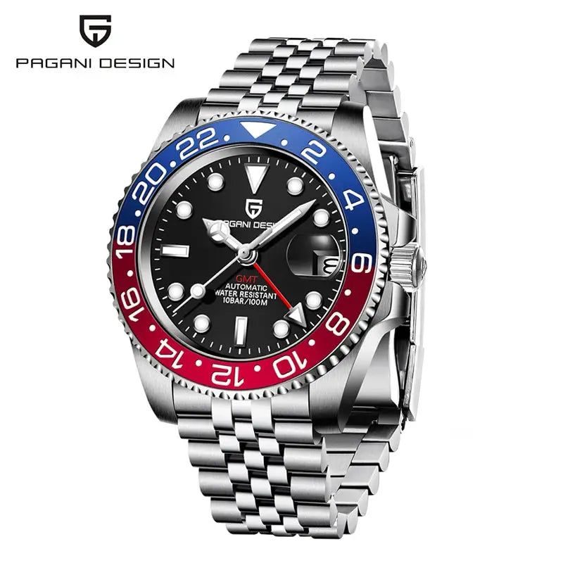 Pagani Design 40mm Automatic GMT wristwatch with stainless steel bracelet and red-blue bezel