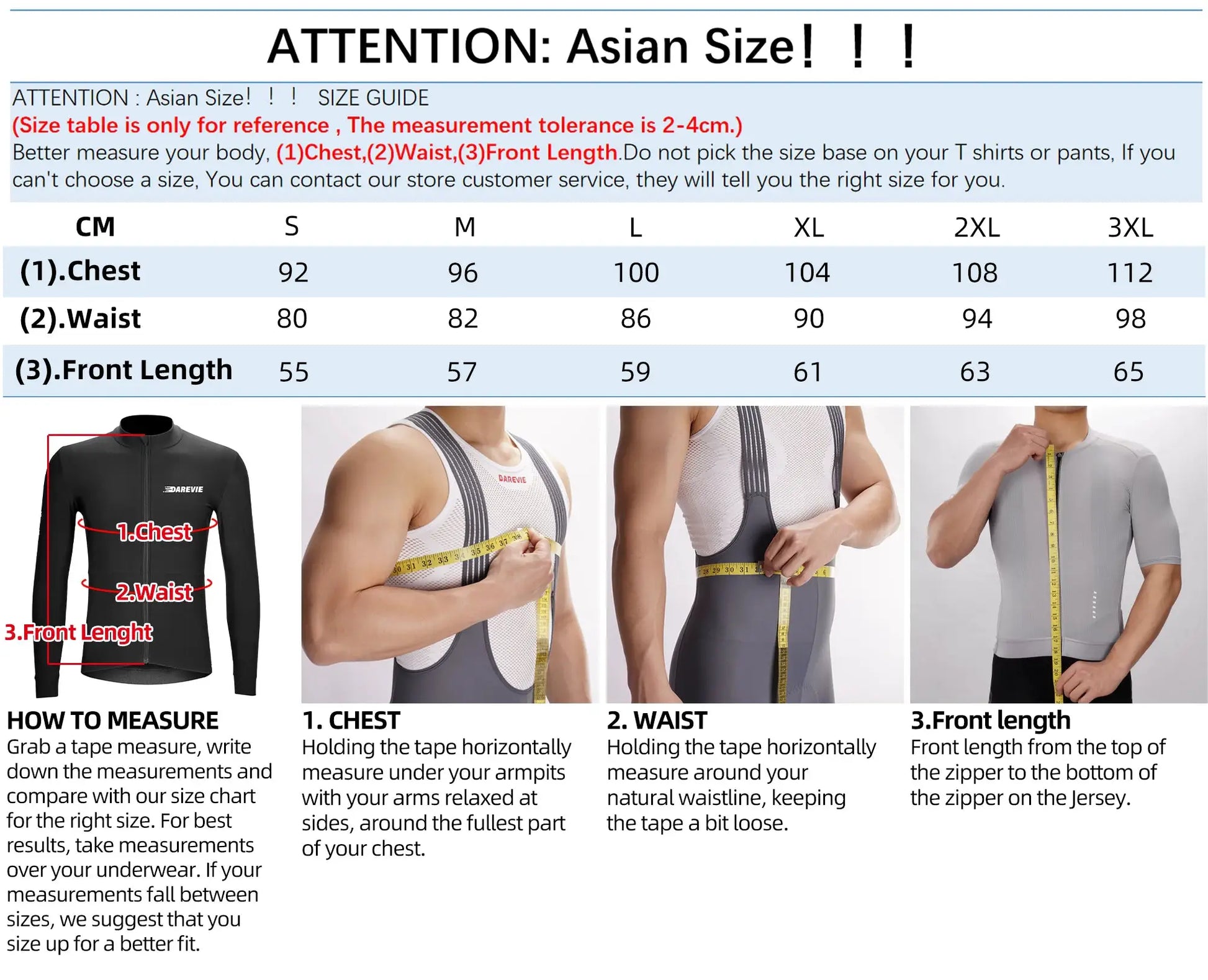 DAREVIE cycling jersey display with size chart; black long-sleeve fleece jacket and white/gray mesh tops