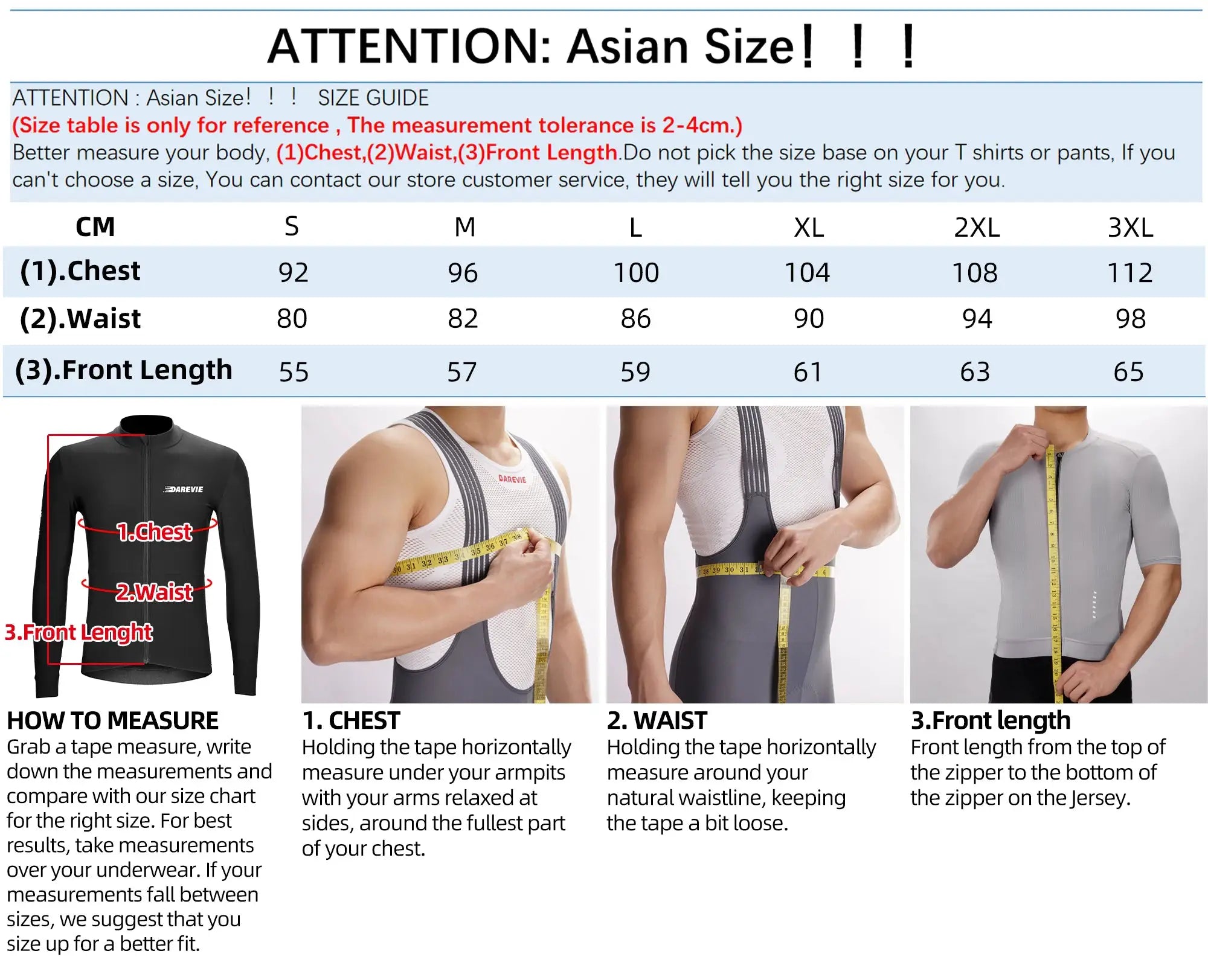 DAREVIE cycling jersey display with size chart; black long-sleeve fleece jacket and white/gray mesh tops