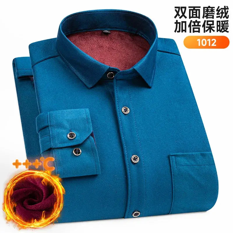 Men's teal long-sleeve fleece shirt, thickened warm, double-sided fleece top, plus-size 7XL/8XL