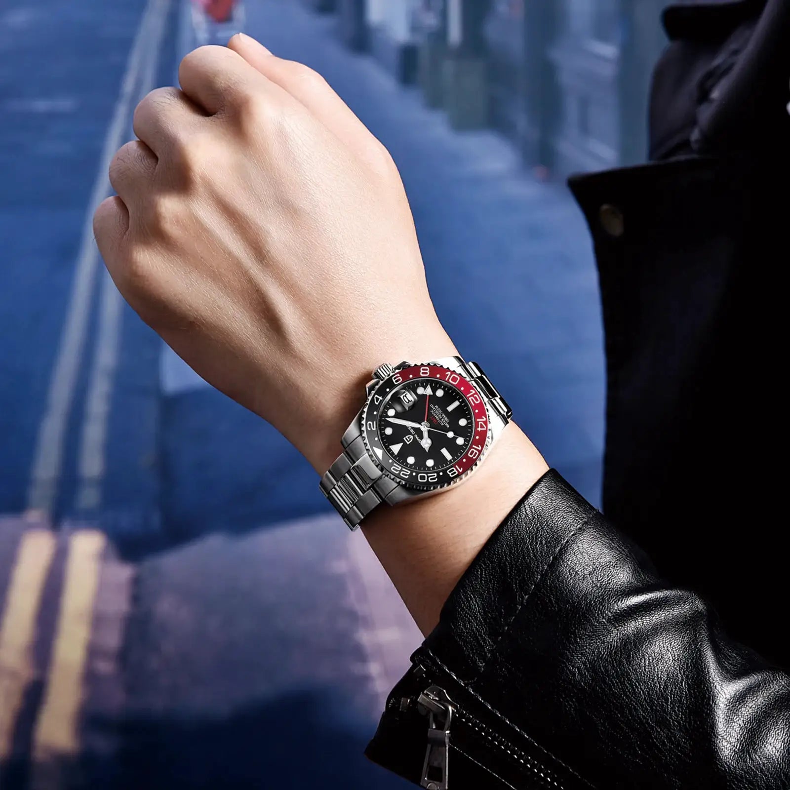 Pagani Design GMT men's watch on a stainless steel bracelet with black dial and red/black bezel