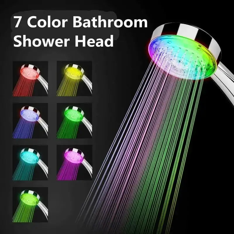 Simples Market 7-color LED rainfall shower head with color-changing spray; shows seven color options