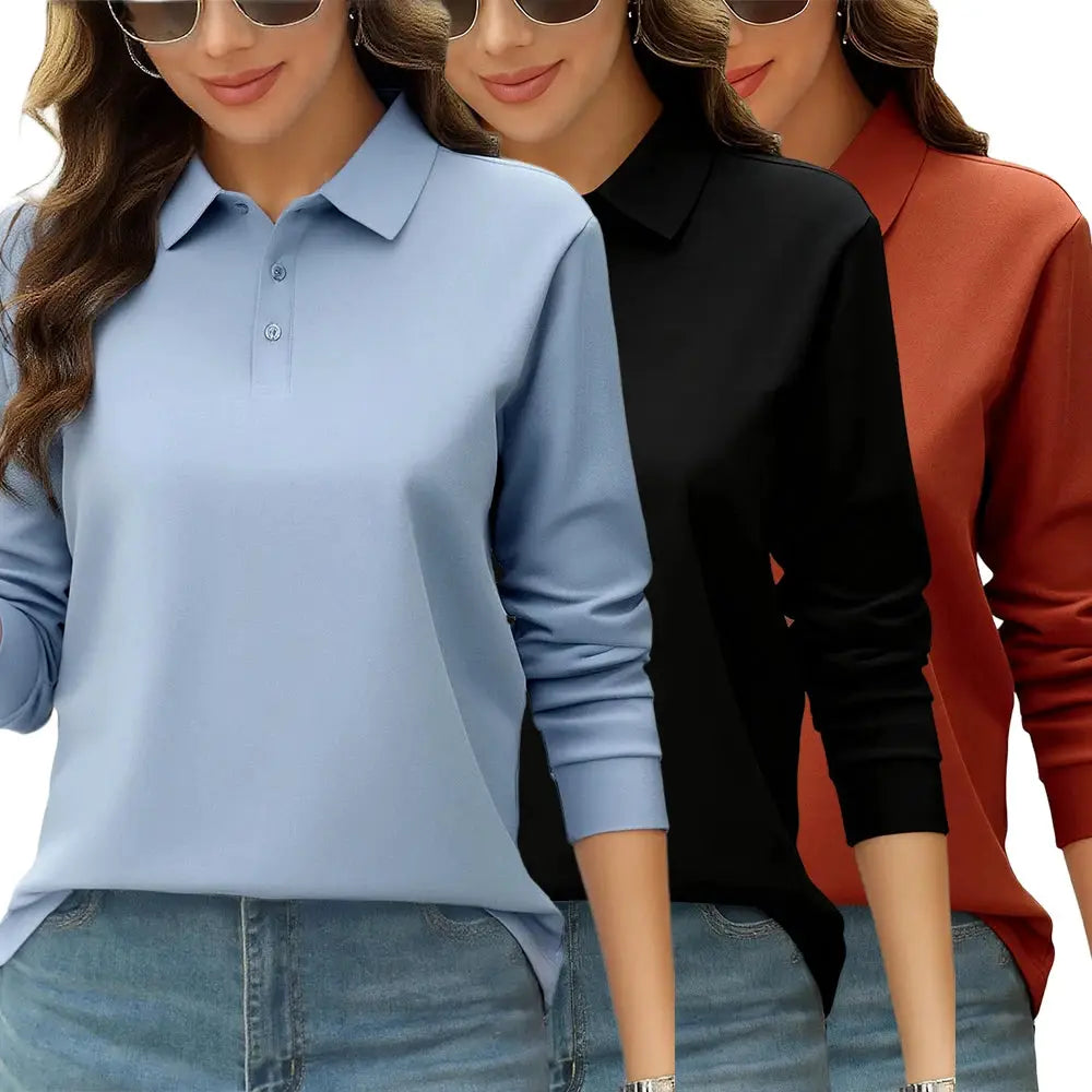 Solid Color Autumn Womens Long Sleeve Polo Shirt Lapel Streetwear