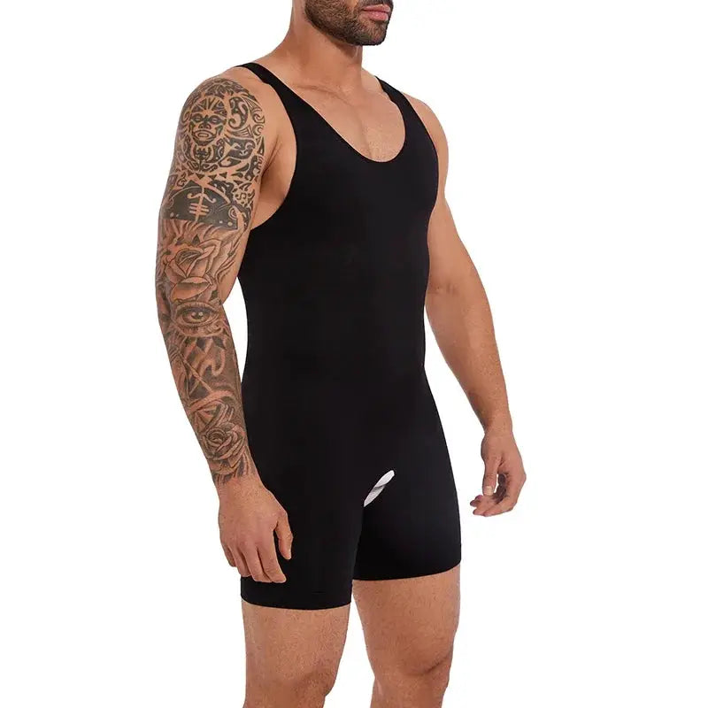 Men's full-body black shapewear bodysuit, sleeveless compression undergarment.