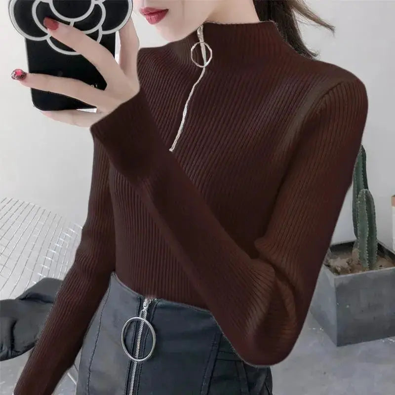 TrendWeave Zipper Half High Neck Knit Sweater Pullover For Women Autumn Winter Slim Solid Knitwear