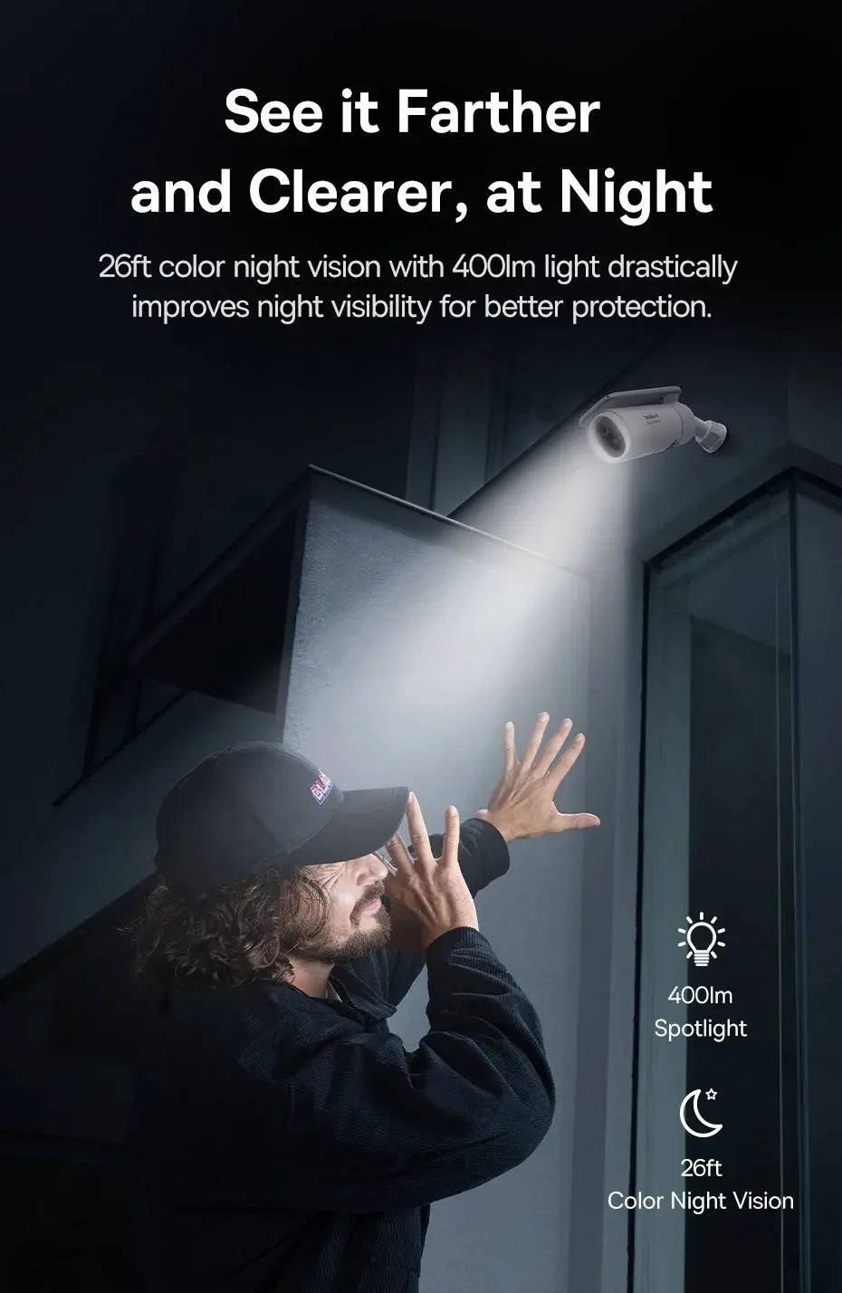 Baseus S1 outdoor solar security camera with 2K clarity and 145° FOV, white unit with night-vision spotlight