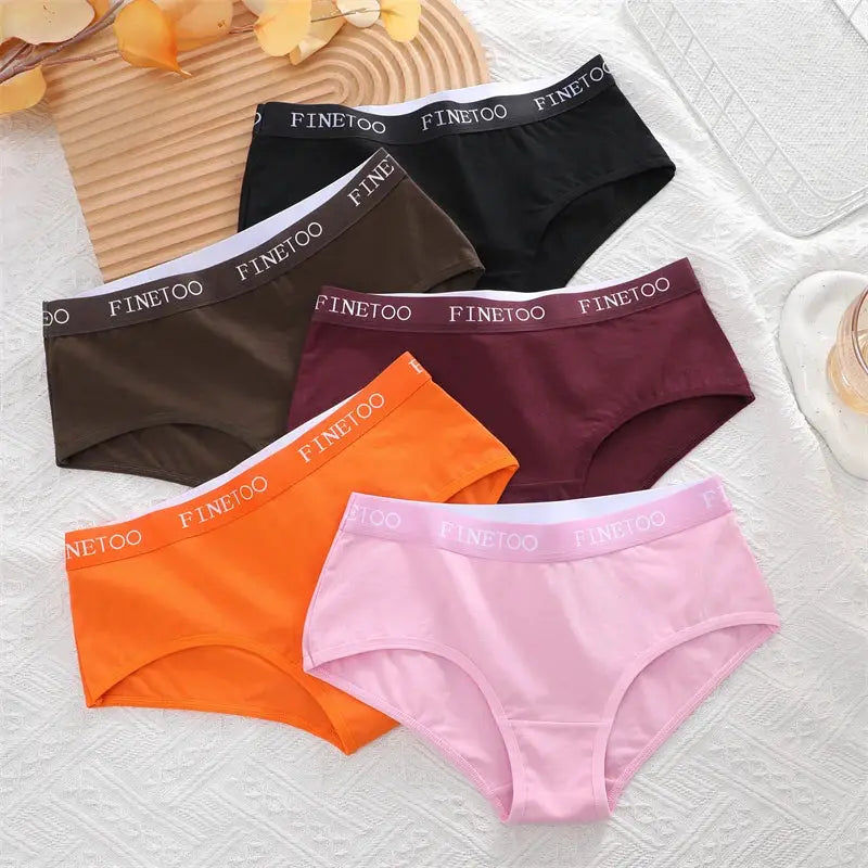 FINETOO cotton underwear set, 5-pack of women's panties in black, brown, burgundy, orange, and pink.