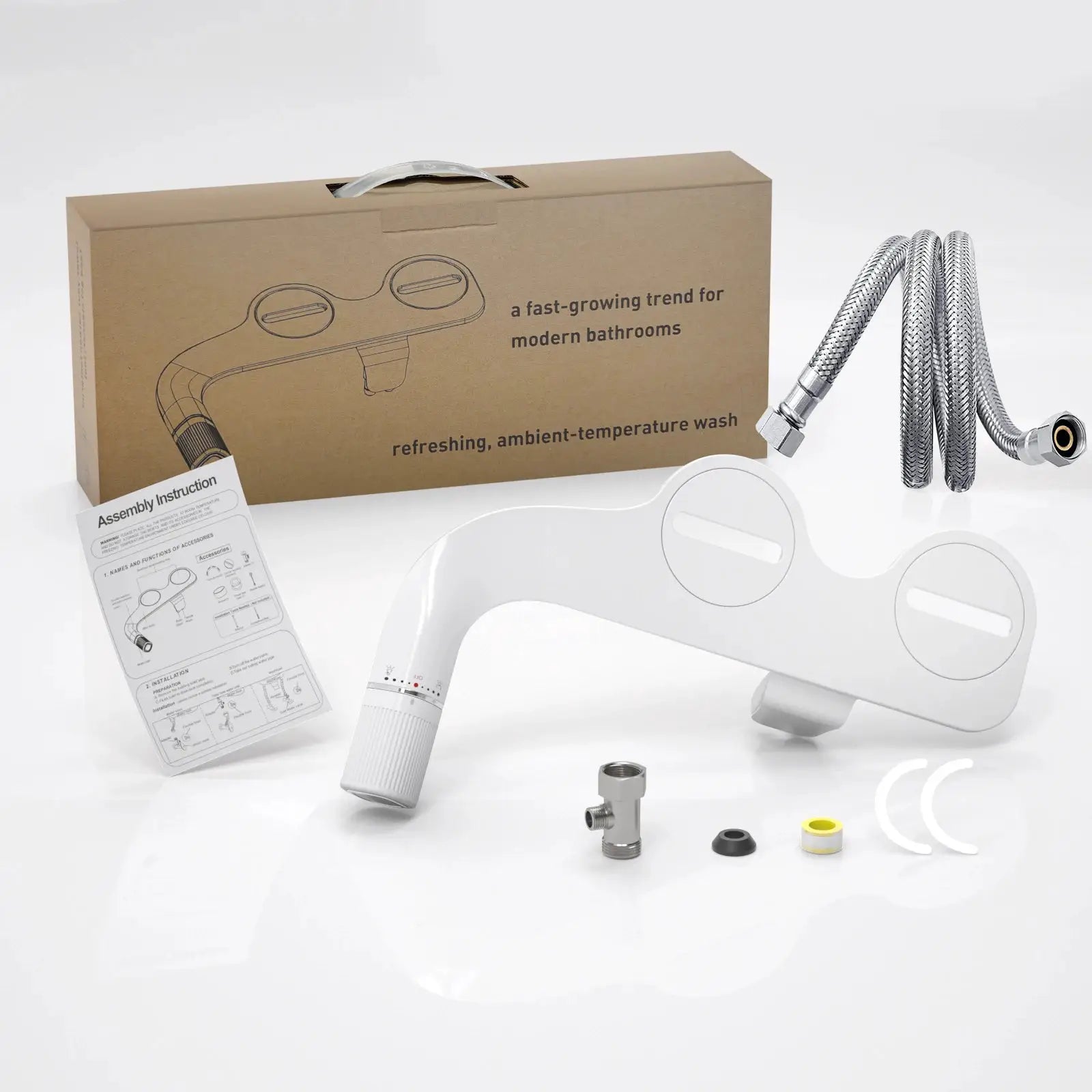SAMODRA bidet attachment with dual nozzles by Simples Market; non-electric, brass inlet, stainless braided hose