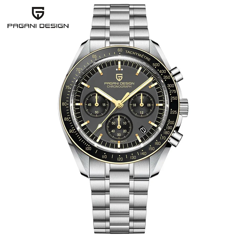 Pagani Design CK2998 tribute moonwatch, stainless steel bracelet, black dial with gold-tone hands