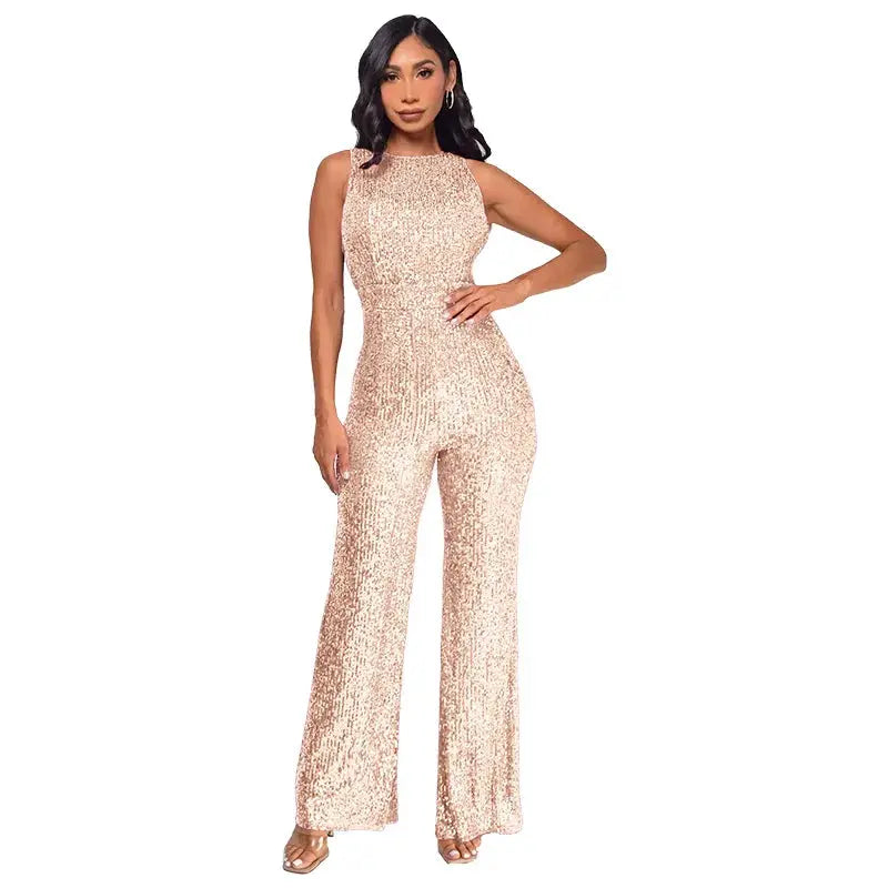 Sequin jumpsuit for women by Simples Market, rose-gold, sleeveless, high-waisted, fitted glam party outfit.