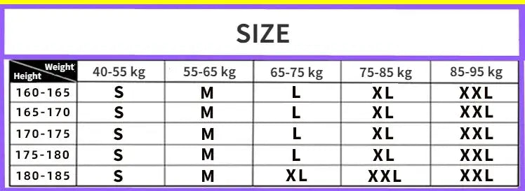 Simples Market 3D fake muscle T-shirt size chart with height/weight ranges mapped to S–XXL.