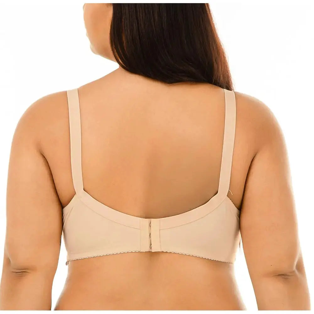 Large-size beige bra back view with wide straps and hook closure; seamless non-padded plus-size