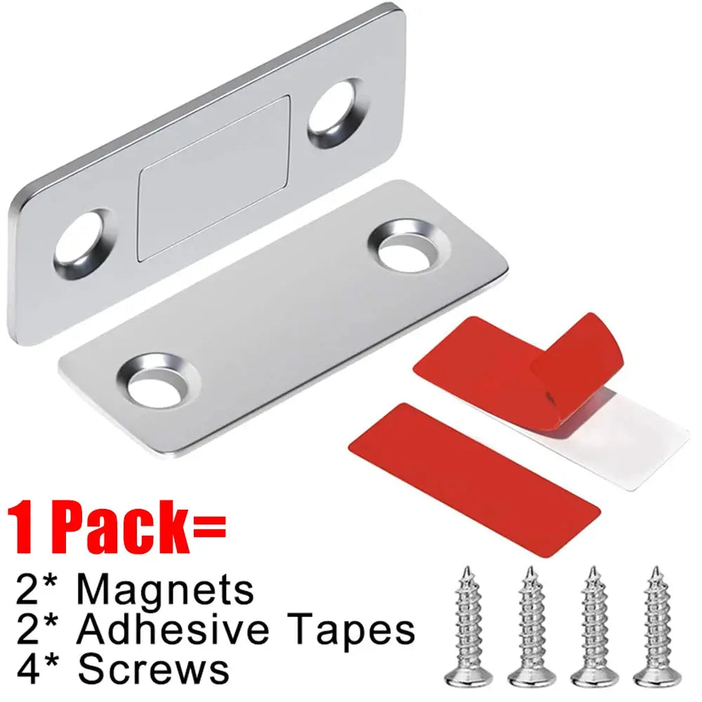 Magnetic cabinet catches; silver metal with adhesive tapes and screws (1 pack: 2 magnets, 2 tapes, 4 screws).