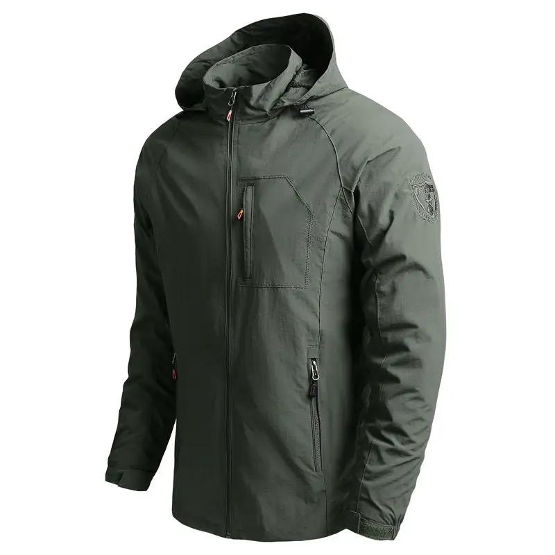Men's outdoor waterproof hooded jacket in olive green by Simples Market