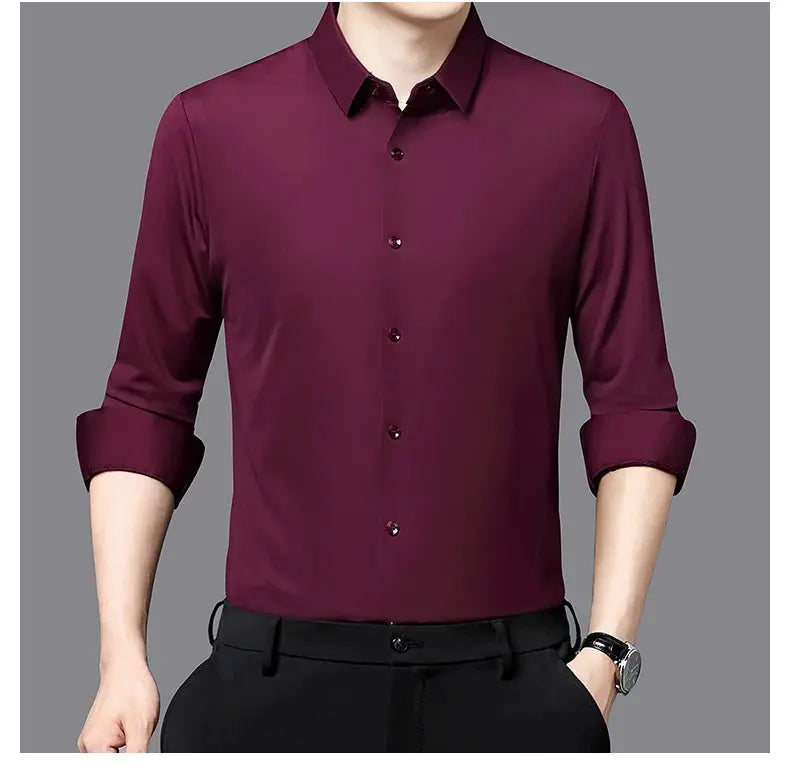 Premium Men's Ultra-Stretch Shirt by Simples Market, burgundy silky long-sleeve