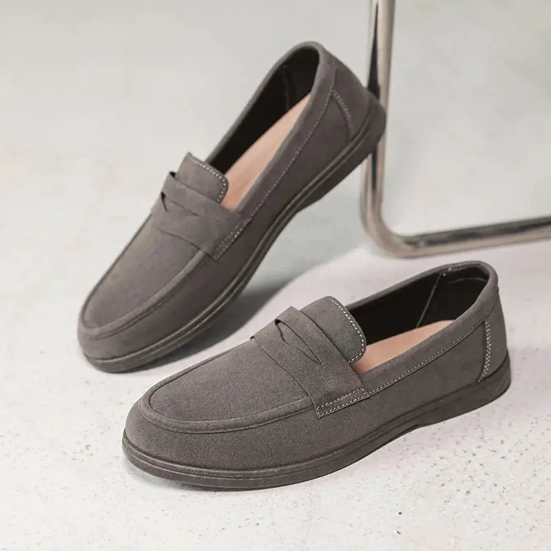 Men's gray slip-on loafers with penny strap, lightweight casual walking shoes